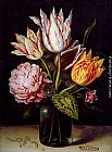 Tulip Paintings - A Still Life With A Bouquet Of Tulips, A Rose, Clover And A Cylclamen In A Green Glass Bottle by Ambrosius Bosschaert the Elder